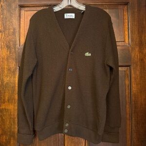Vintage Izod Lacoste Grandpa Cardigan Sweater Mens Medium Croc Logo Brown Golf